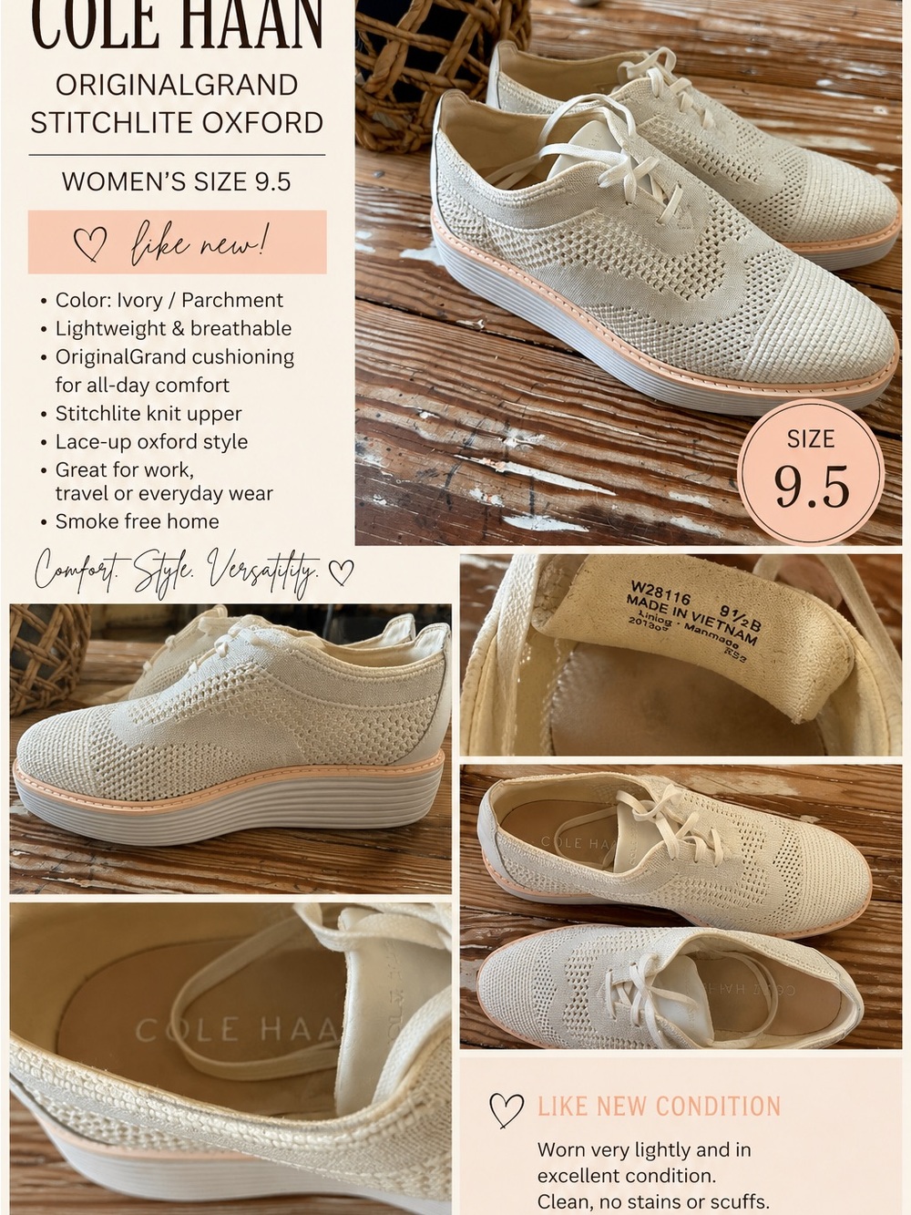 Cole Haan Ivory Stitchlite Oxford Sneakers